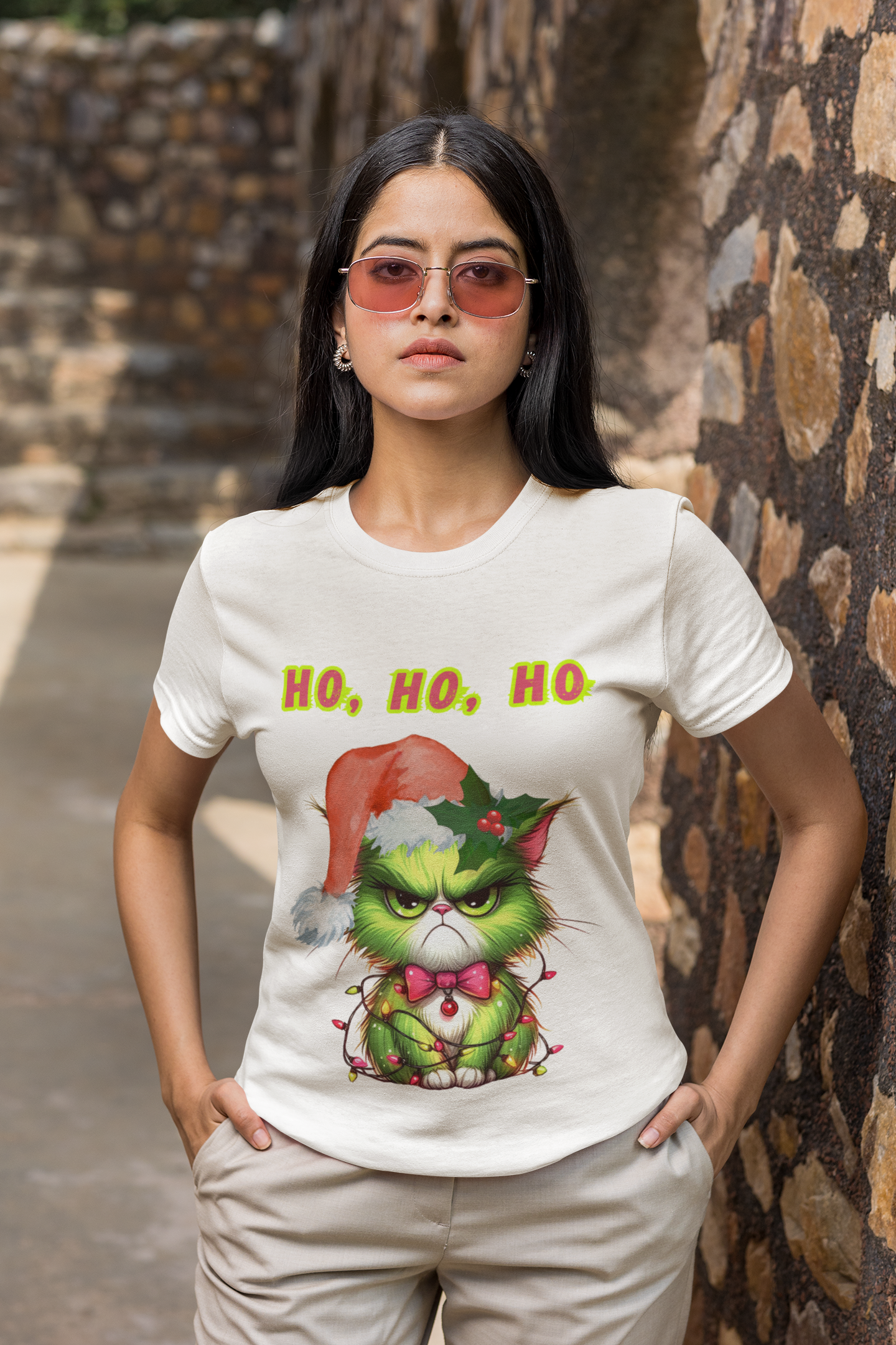 Angry Christmas Cat “Ho Ho Ho” T-Shirt – Bella+Canvas 3001
