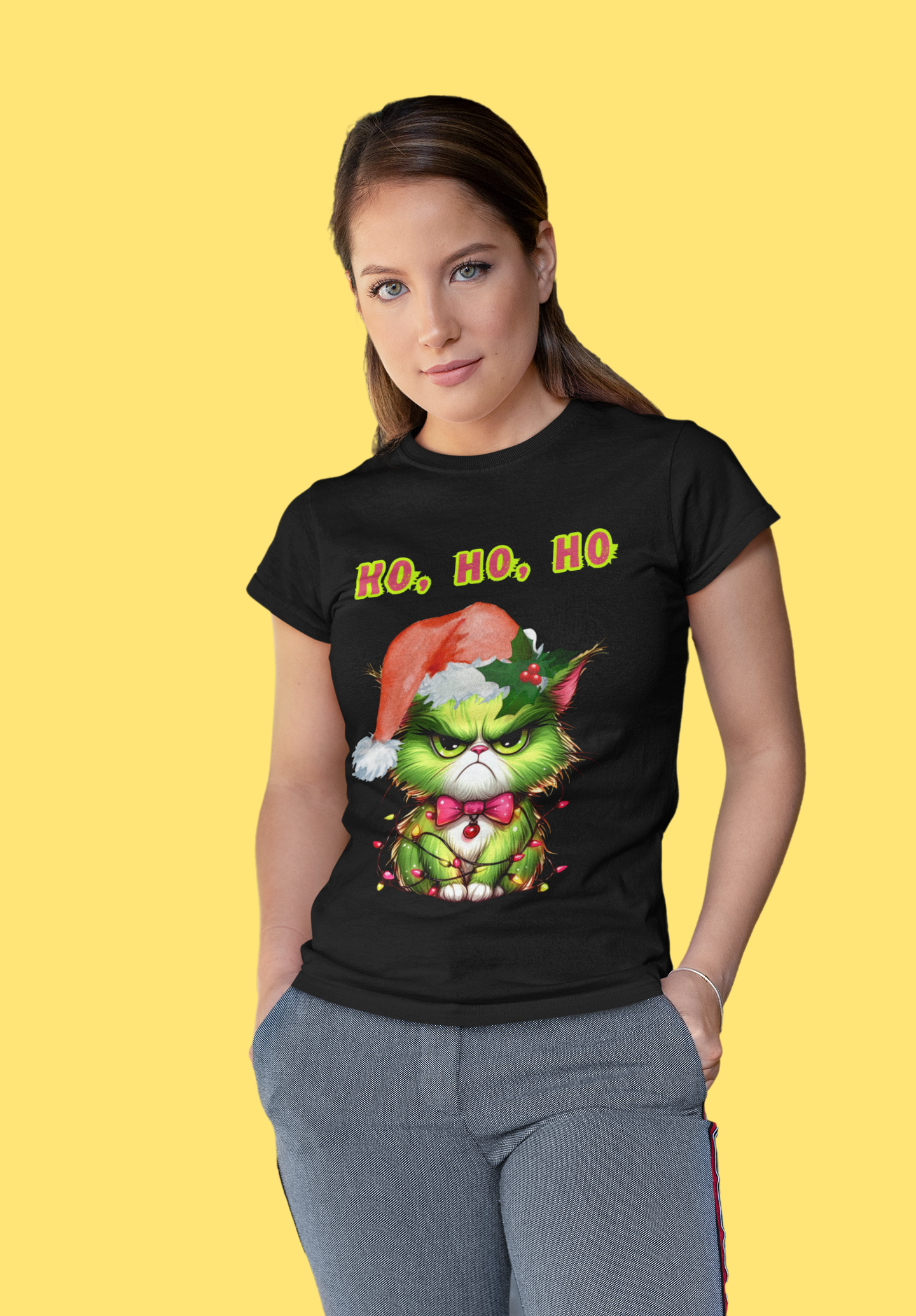 Angry Christmas Cat “Ho Ho Ho” T-Shirt – Bella+Canvas 3001