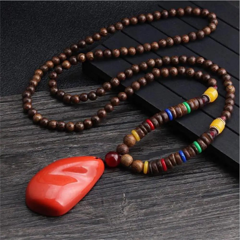 Handmade Nepal Buddhist Mala Necklace – Unisex Wood Bead Bohemian Pendant