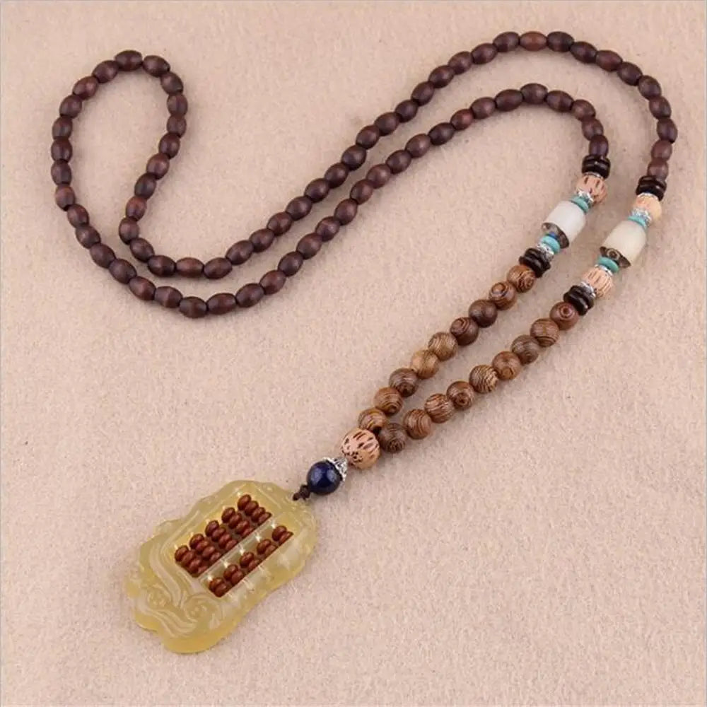 Handmade Nepal Buddhist Mala Necklace – Unisex Wood Bead Bohemian Pendant