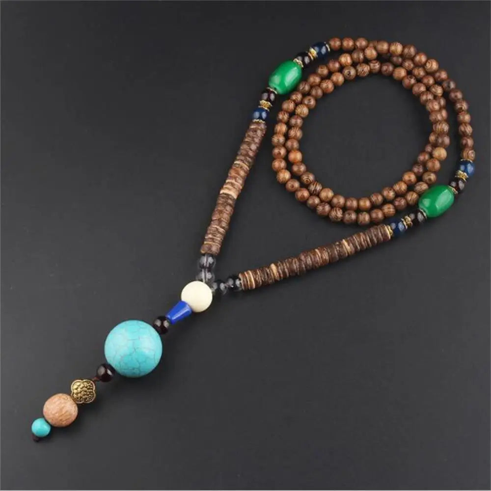 Handmade Nepal Buddhist Mala Necklace – Unisex Wood Bead Bohemian Pendant