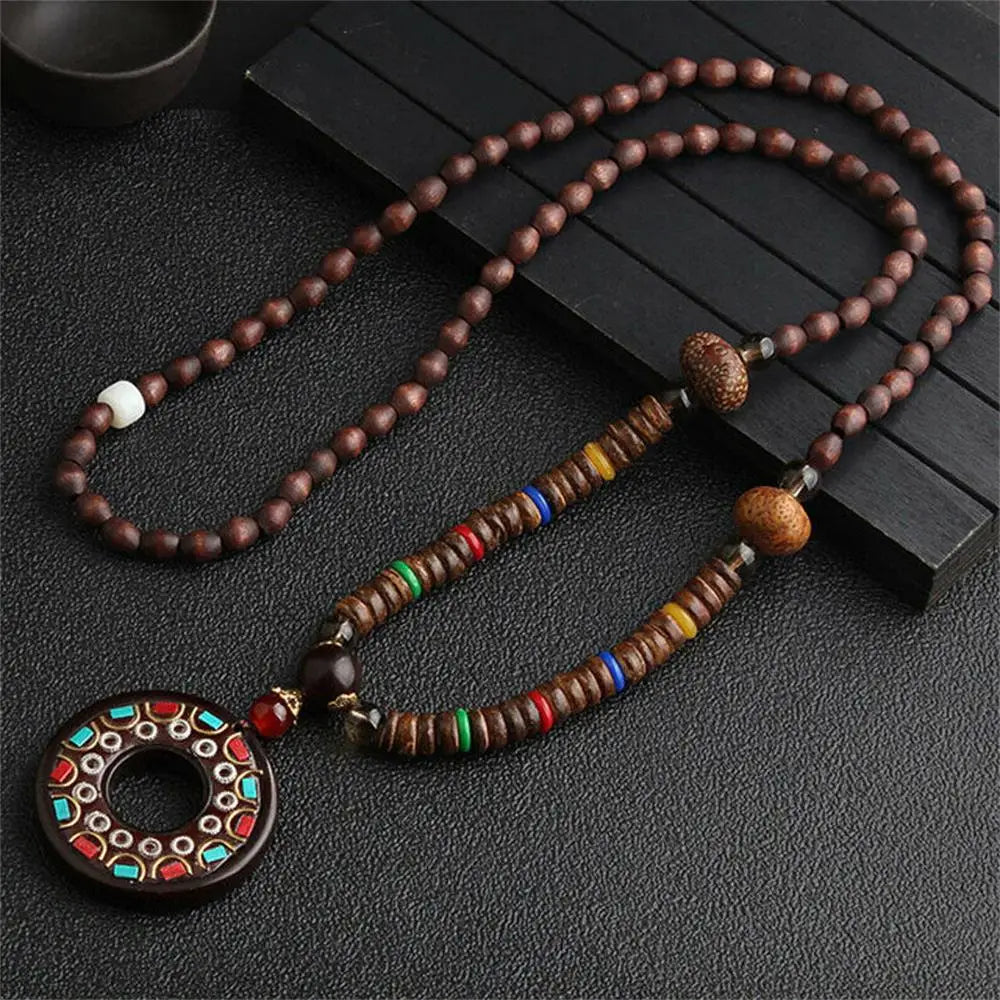 Handmade Nepal Buddhist Mala Necklace – Unisex Wood Bead Bohemian Pendant