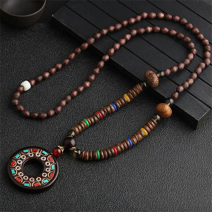 Handmade Nepal Buddhist Mala Necklace – Unisex Wood Bead Bohemian Pendant