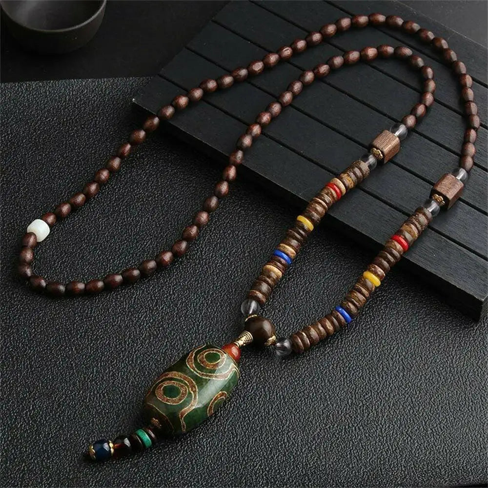 Handmade Nepal Buddhist Mala Necklace – Unisex Wood Bead Bohemian Pendant