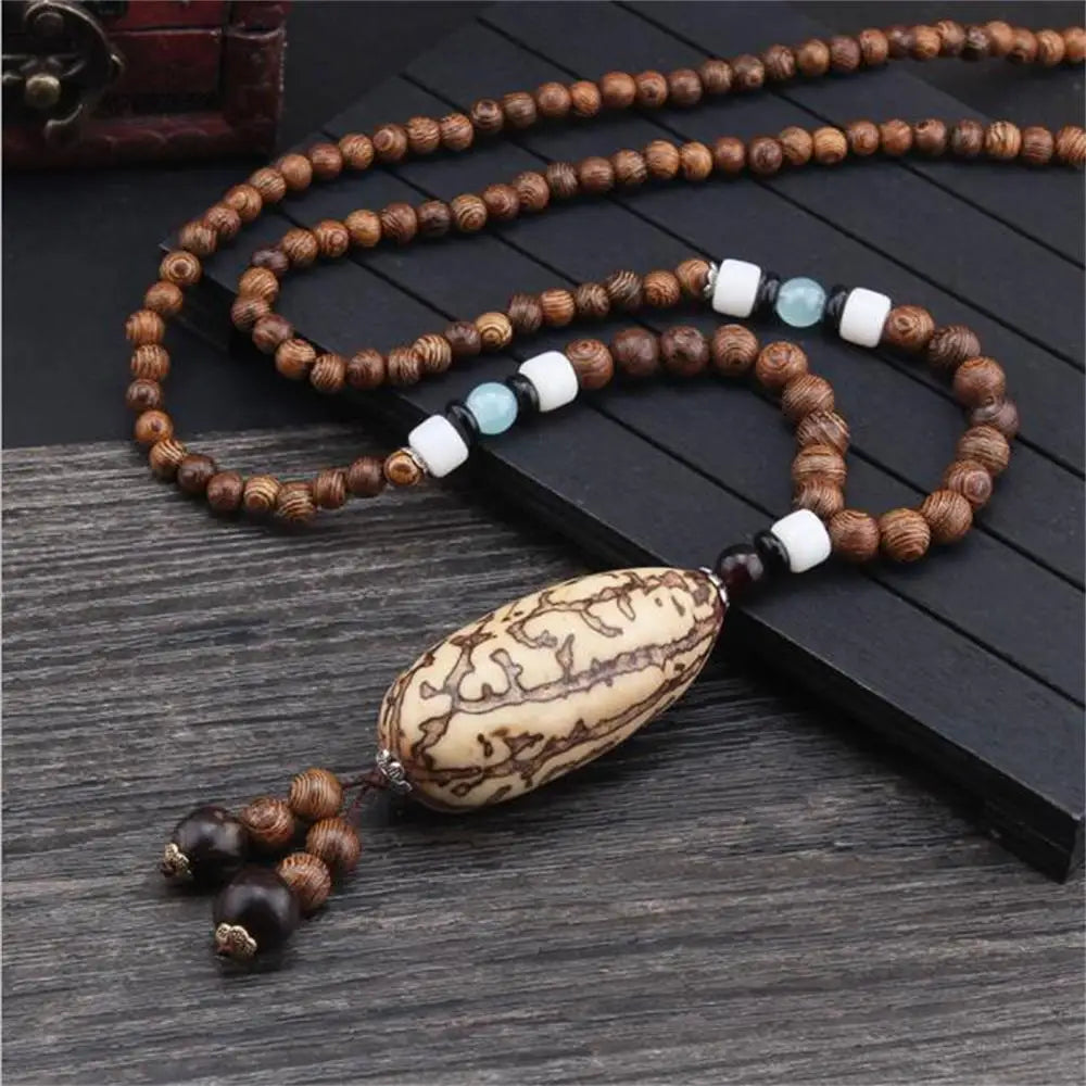 Handmade Nepal Buddhist Mala Necklace – Unisex Wood Bead Bohemian Pendant