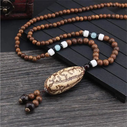Handmade Nepal Buddhist Mala Necklace – Unisex Wood Bead Bohemian Pendant