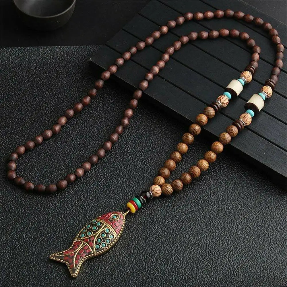 Handmade Nepal Buddhist Mala Necklace – Unisex Wood Bead Bohemian Pendant