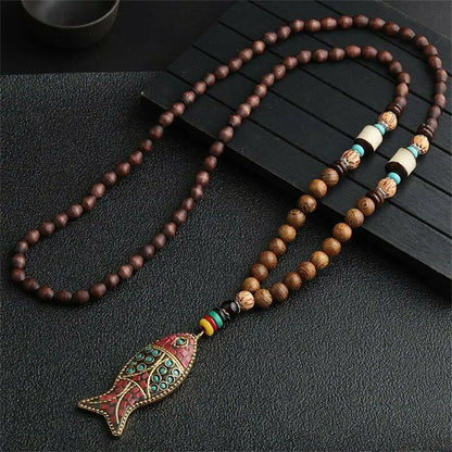 Handmade Nepal Buddhist Mala Necklace – Unisex Wood Bead Bohemian Pendant