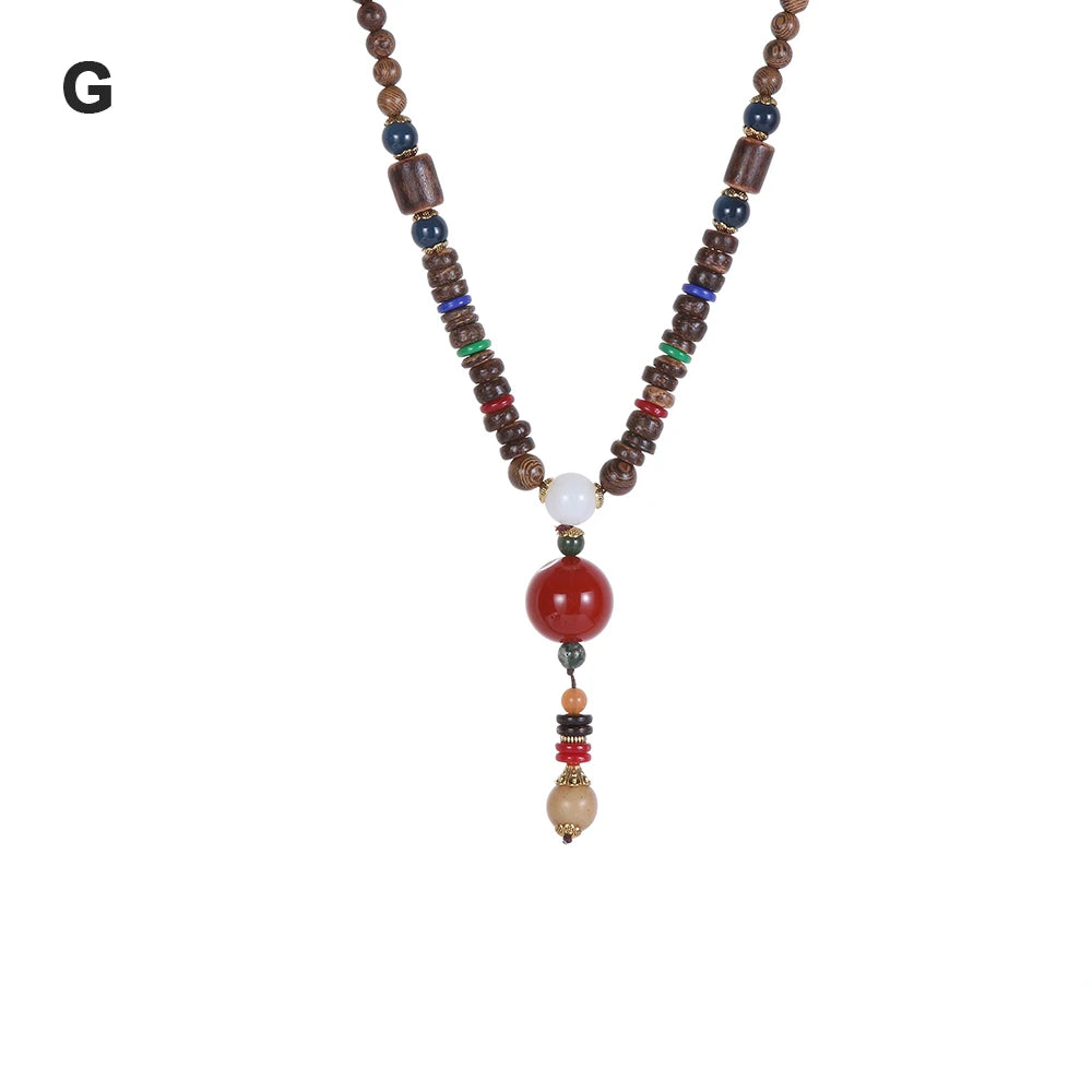 Handmade Nepal Buddhist Mala Necklace – Unisex Wood Bead Bohemian Pendant