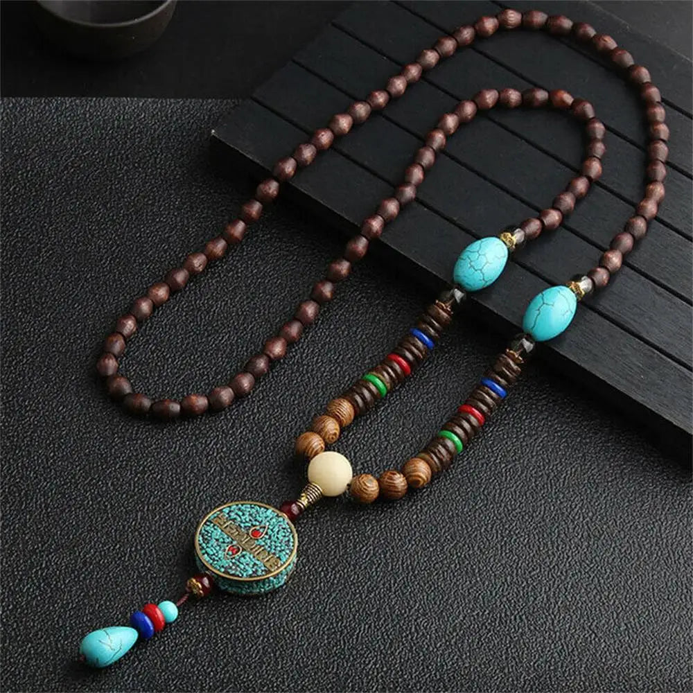Handmade Nepal Buddhist Mala Necklace – Unisex Wood Bead Bohemian Pendant