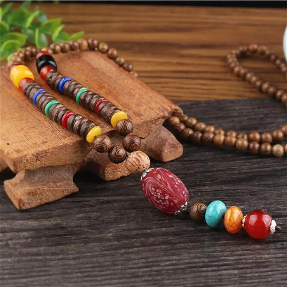 Handmade Nepal Buddhist Mala Necklace – Unisex Wood Bead Bohemian Pendant