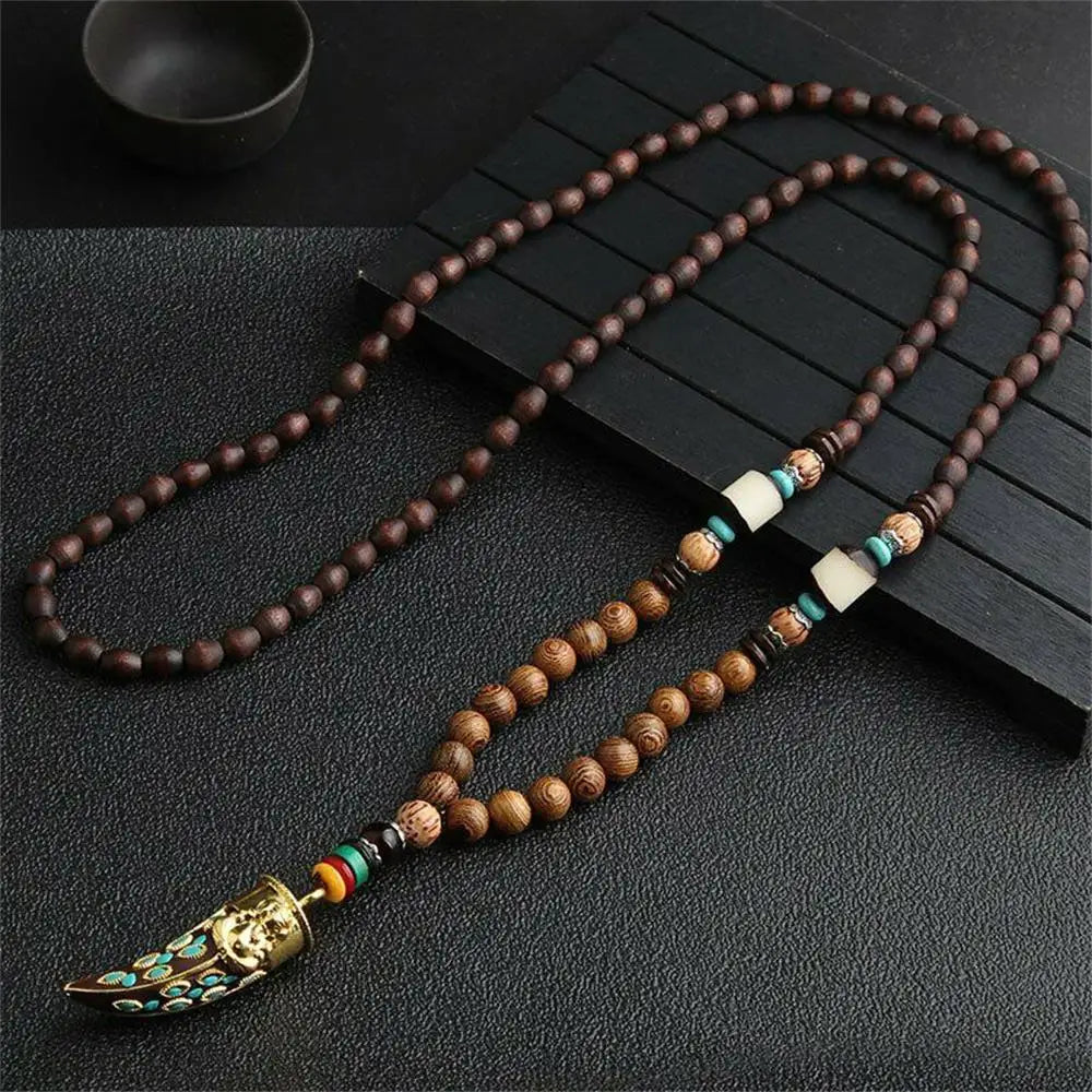 Handmade Nepal Buddhist Mala Necklace – Unisex Wood Bead Bohemian Pendant