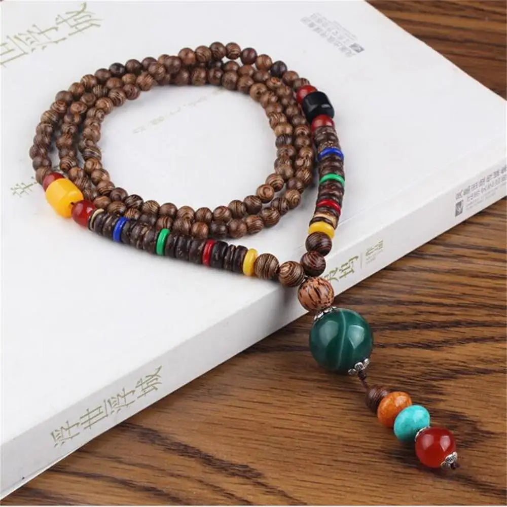 Handmade Nepal Buddhist Mala Necklace – Unisex Wood Bead Bohemian Pendant