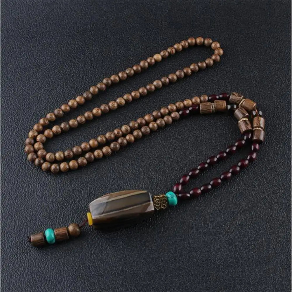 Handmade Nepal Buddhist Mala Necklace – Unisex Wood Bead Bohemian Pendant