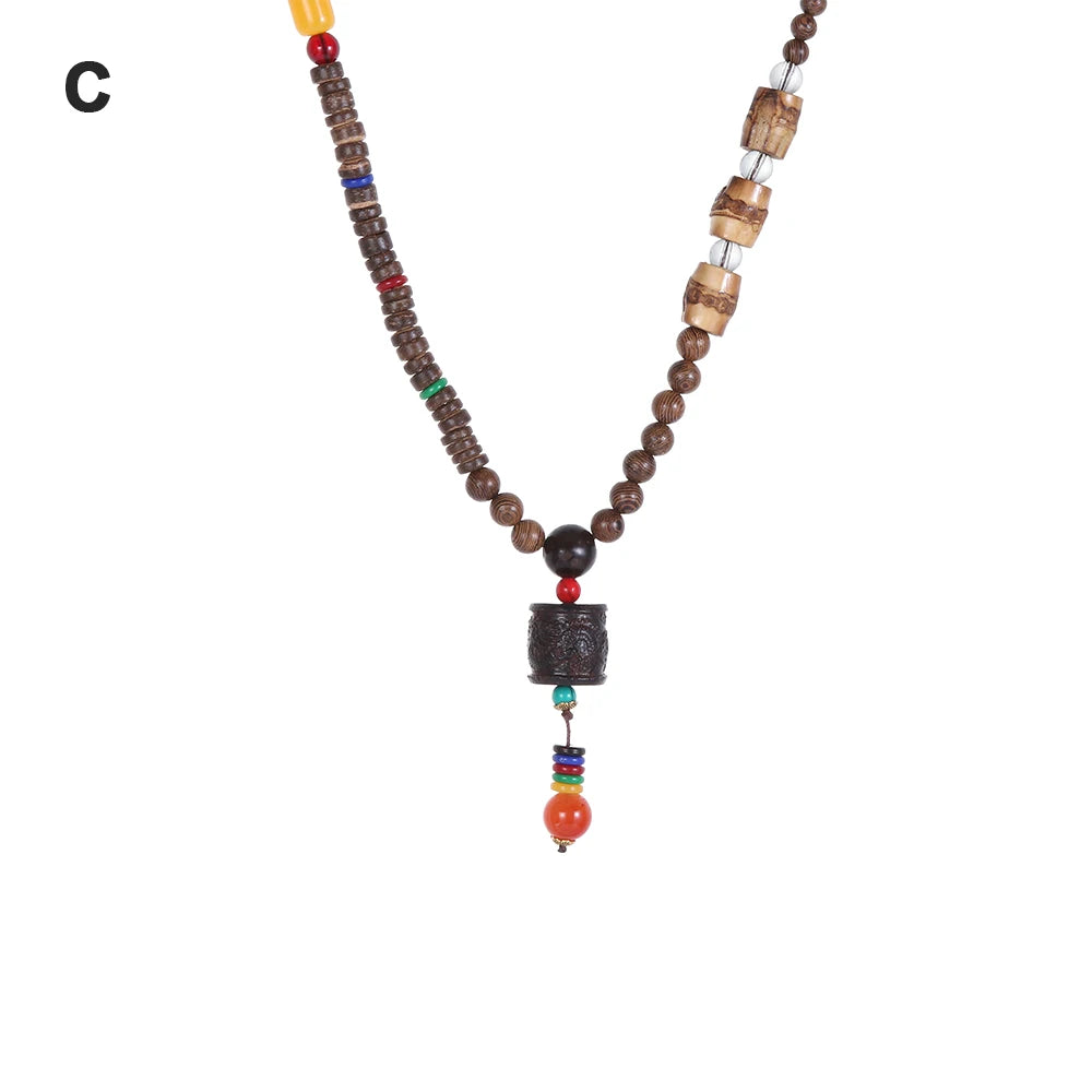 Handmade Nepal Buddhist Mala Necklace – Unisex Wood Bead Bohemian Pendant