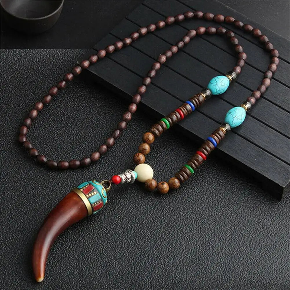 Handmade Nepal Buddhist Mala Necklace – Unisex Wood Bead Bohemian Pendant
